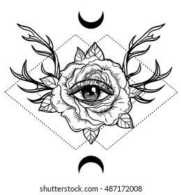 All seeing eye symbol over rose flower and deer antlers. Sacred geometry. Tattoo flash. vector illustration isolated on white. Mystic symbol. New school. Boho design. Print, posters, t-shirts.