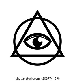 All seeing eye symbol. Eye of Providence. Masonic symbol. All seeing eye inside triangle pyramid. New World Order. Sacred geometry, religion, spirituality, occultism. Isolated vector illustration