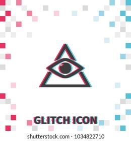 All seeing eye symbol, simple triangle  glitch effect vector icon.