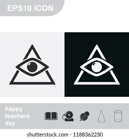 All seeing eye symbol, simple triangle flat black and white vector icon.