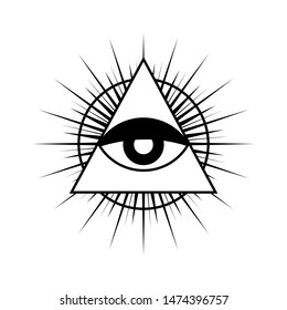 All seeing eye symbol with triangle. Triangle with eye, all seeing eye, isolated on white. All seeing eye black and white color, vector.