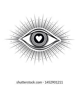 All seeing eye symbol. Vision of Providence. Alchemy, religion, spirituality, occultism, tattoo art. Isolated vector illustration. Conspiracy theory. Decorative drawing style. Love heart print logo 