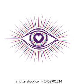 All seeing eye symbol. Vision of Providence. Alchemy, religion, spirituality, occultism, tattoo art. Isolated vector illustration. Conspiracy theory. Decorative drawing style. Love heart print logo 