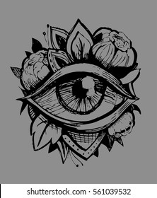 All seeing eye. Tatto sketch. Vector illustration