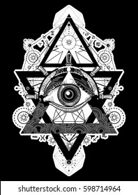 All seeing eye tattoo art vector. Freemason and spiritual symbols. Alchemy, medieval religion, occultism, spirituality and esoteric. Magic eye, compass and steering wheel t-shirt design 