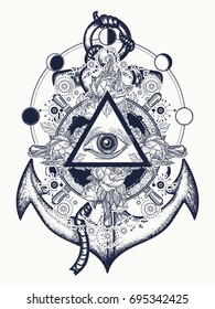 All seeing eye tattoo art vector. Freemason and spiritual symbols. Alchemy, medieval religion, occultism, esoteric art. Magic eye, steering wheel and anchor t-shirt design 