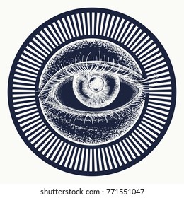All seeing eye tattoo art vector. Alchemy, medieval religion, occultism, spirituality and esoteric. Freemason and spiritual symbols 