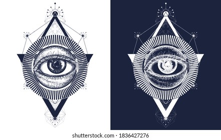 All seeing eye tattoo. Freemason and spiritual symbols. Alchemy, medieval, occultism and esoteric art t-shirt design. Black and white vector graphics  