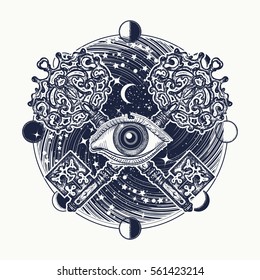 Todos los ojos tatuados arte oculto, símbolo masónico y clave mágica vintage. Místico símbolo esotérico del conocimiento secreto. Todo lo que ve el misterio de los ojos del diseño de las camisetas del universo