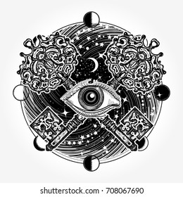 All seeing eye tattoo occult art, masonic magic key. Mystical esoteric symbol of secret knowledge 
