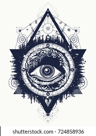 All seeing eye tattoo, tourism in a mystical style vector. Eye of the storm art t-shirt design. Alchemy, spirituality, religion, occultism, esoteric tattoo 