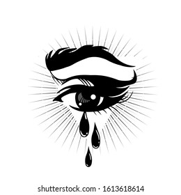 All seeing eye with tears. Hand-drawn beautiful eye. Symbol Occultism. Isolated vector illustration
