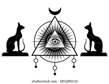 All Seeing eye, the third eye icon inside triangle pyramid and Egyptian black cats. Sacred Masonic symbol, alchemy, religion, spirituality, occultism. Tattoo sign vector isolated or white background 