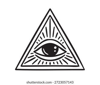 Tudo vendo olho em triângulo, estilo monocromático desenho à mão arte de linha. Ilustração vetorial.