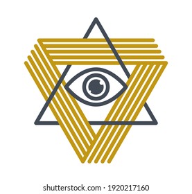 All seeing eye in triangle pyramid vector ancient symbol in modern linear style isolated on white, eye of god, masonic sign, secret knowledge illuminati.