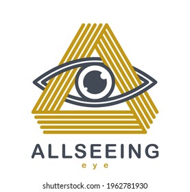 All seeing eye in triangle pyramid vector ancient symbol in modern linear style isolated on white, eye of god, masonic sign, secret knowledge illuminati.