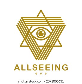 All seeing eye in triangle pyramid vector ancient symbol in modern linear style isolated on white, eye of god, masonic sign, secret knowledge illuminati.