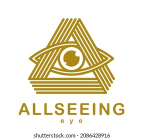 All seeing eye in triangle pyramid vector ancient symbol in modern linear style isolated on white, eye of god, masonic sign, secret knowledge illuminati.