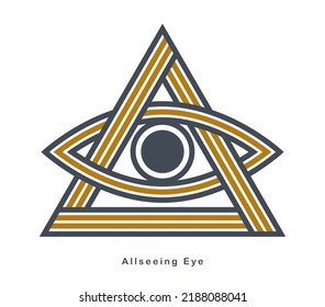 All seeing eye in triangle pyramid vector ancient symbol in modern linear style isolated on white, eye of god, masonic sign, secret knowledge illuminati.