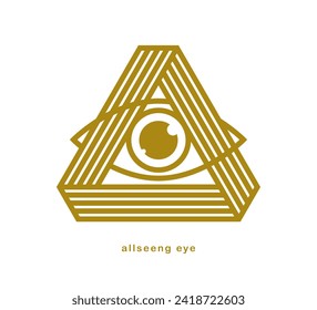 All seeing eye in triangle pyramid vector ancient symbol in modern linear style isolated on white, eye of god, masonic sign, secret knowledge illuminati.