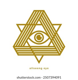 All seeing eye in triangle pyramid vector ancient symbol in modern linear style isolated on white, eye of god, masonic sign, secret knowledge illuminati.