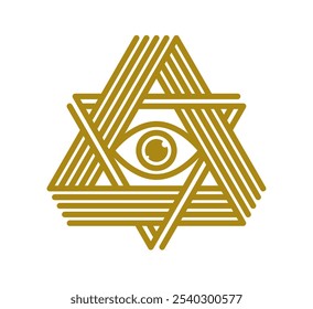 Todo el ojo que ve en el Vector de la pirámide del triángulo símbolo antiguo en estilo lineal moderno aislado en blanco, ojo de dios, signo masónico, conocimiento secreto illuminati.