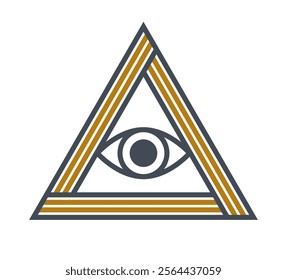 All seeing eye in triangle pyramid vector ancient symbol in modern linear style isolated on white, eye of god, masonic sign, secret knowledge illuminati.