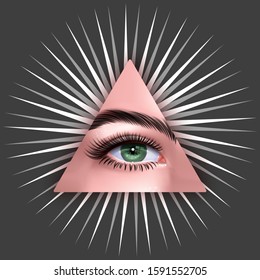 All Seeing eye in triangle. Sacred Masonic symbol. The Eye of Providence. Occultism sadness look. Alchemy, religion, spirituality, occultism. Mystical drawing art realistic Vector eps 10 format