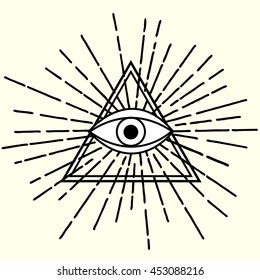 All seeing eye in triangle symbol  with rays