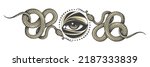 All Seeing Eye and Two Crawling Snakes Medieval Occultic Illustration isolated on white. Vector illustration.