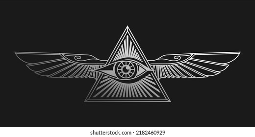 All Seeing Eye Vector. Ancient Egypt vintage art hipster line art Illustration vector with eye of horus with Sacred scarab wings wall art design in outline simple minimal design in dark background.