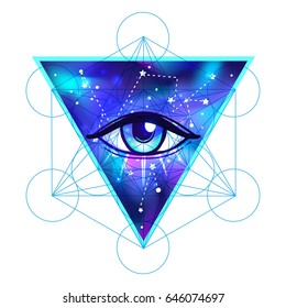 All seeing eye. Vector bright colorful cosmos illustration. Cosmic background with stars. Hand-drawn Eye of Providence. Alchemy, religion, spirituality, occultism, tattoo art. Conspiracy theory.