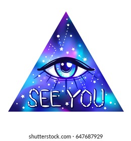 All seeing eye. Vector bright colorful cosmos illustration. Cosmic background with stars. Hand-drawn Eye of Providence. Alchemy, religion, spirituality, occultism, tattoo art. Conspiracy theory.