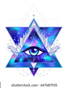 All seeing eye. Vector bright colorful cosmos illustration. Cosmic background with stars. Hand-drawn Eye of Providence. Alchemy, religion, spirituality, occultism, tattoo art. Conspiracy theory.