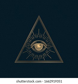 All seeing eye vector, illuminati symbol in triangle with light ray, tattoo design isolated on white background