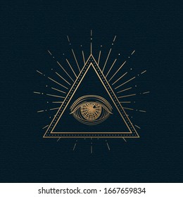 All seeing eye vector, illuminati symbol in triangle with light ray, tattoo design isolated on white background