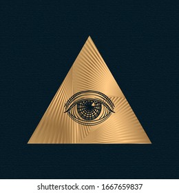 All seeing eye vector, illuminati symbol in triangle with light ray, tattoo design isolated on white background