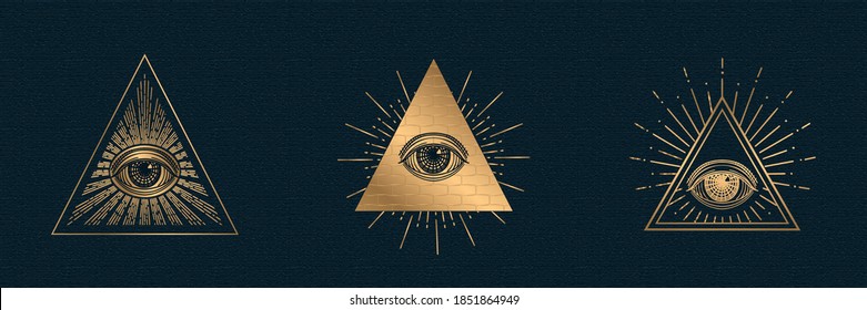 All seeing eye vector, illuminati symbol in triangle with light ray, tattoo design isolated on black background