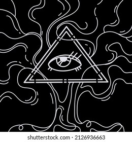 All seeing eye vector, illuminati symbol in triangle with tree on black background,Tattoo or print design.Eye of Providence Occult sign.Vector illustration