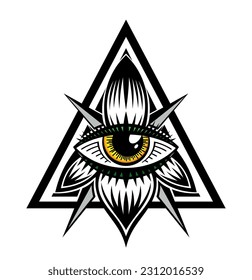 All seeing eye vector, illuminati symbol in triangle with light ray, tattoo design isolated on white background