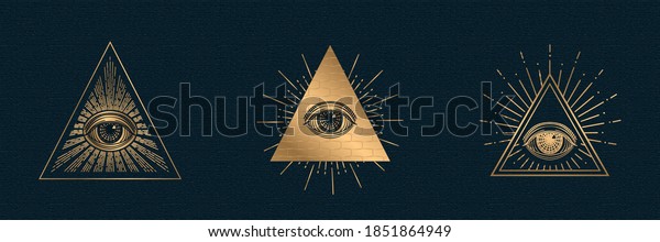 All seeing eye\
vector, illuminati symbol in triangle with light ray, tattoo design\
isolated on black\
background
