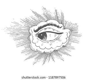 All seeing eye, vision of Providence. Alchemy, religion, occultism, masonic symbol. Vintage Victorian Era Engraving style retro vector lineart Hand drawn illustration