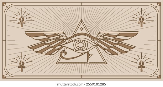 All Seeing Eye with Wings Sacred Geometry. Esoteric Vector Illustration. Ancient Egypt vintage art hipster line art Illustration vector with eye of horus with Sacred scarab wings wall art design