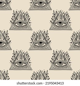 All seeing eyes masonic triangle pyramid witchy mystical dark boho vector and jpg printable seamless pattern, unique repeat clipart illustration image, editable isolated details. Perfect for clothes