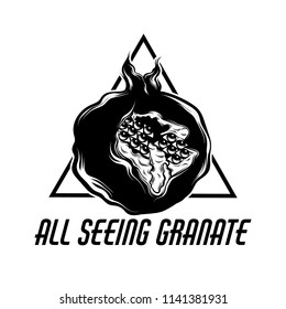 All seeing granate. Vector hand drawn illustration of granate with eyes. Creative tattoo artwork. Template for card, poster. banner, print for t-shirt, pin, badge, patch.