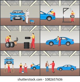 All services in one automobile workshop colorful card vector illustration of vehicle repair garage, engine and tire adjusting, car painting process