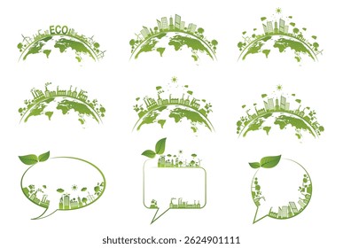 All set Ecology concept with green city on earth