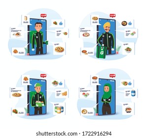 All set illustration squad who will buy and deliver food and drinks to you with uniform Grab Food. 