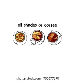All shades of coffee. Three cups. Isolated vector pattern on white background.