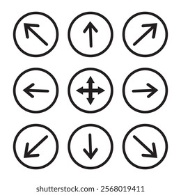 All side direction arrow set icon on white background. Various directions arrow on circle line. Up down left right buttons in black color. vector illustration.
